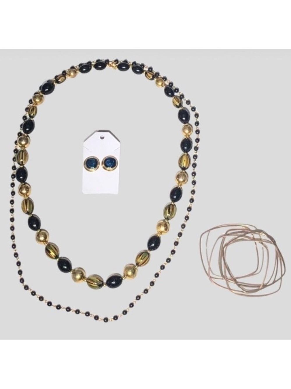 Vintage Beaded Multi Strand Necklace Earring Bangle Black Gold